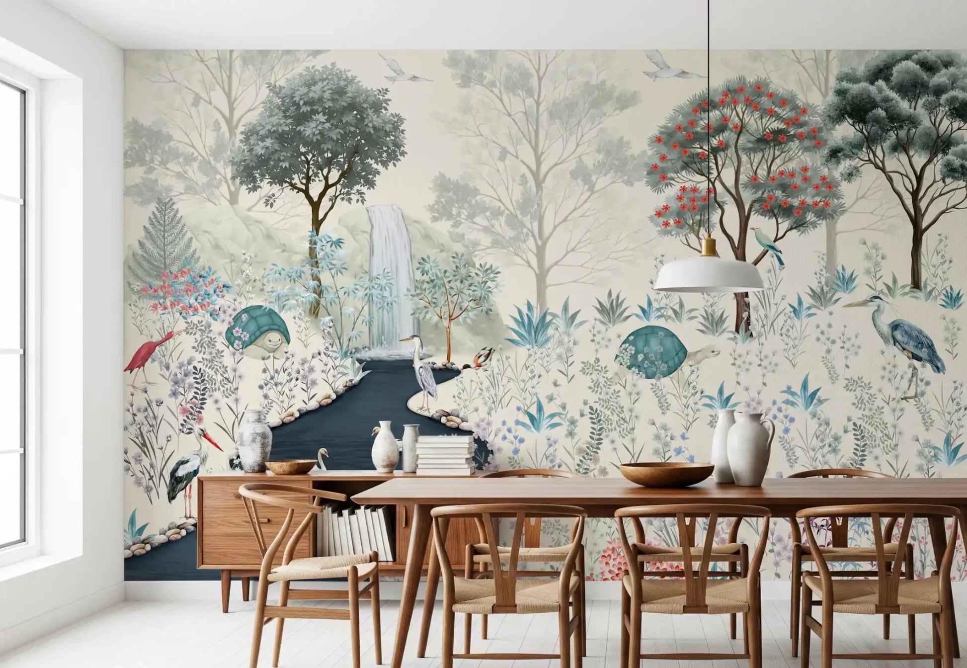Wooden dining setup facing Serene Woodland Stream Wall Mural in a light-filled room
