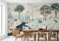 Wooden dining setup facing Serene Woodland Stream Wall Mural in a light-filled room