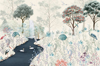 Serene Woodland Stream Wall Mural with waterfall lake birds flowers and forest trees