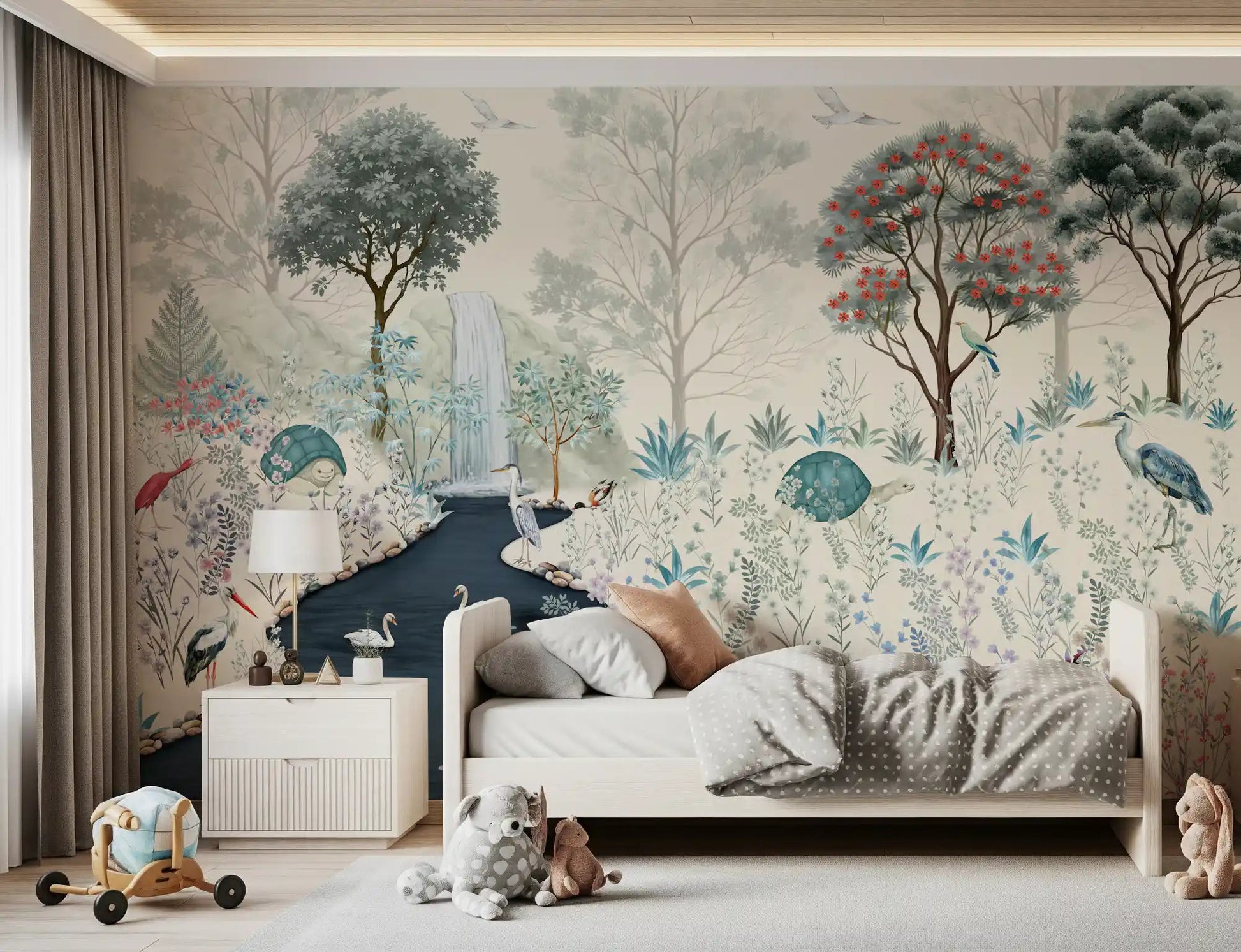 Serene Woodland Stream Wall Mural placed behind a cot in a calm Kids  room
