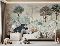 Serene Woodland Stream Wall Mural placed behind a cot in a calm Kids  room