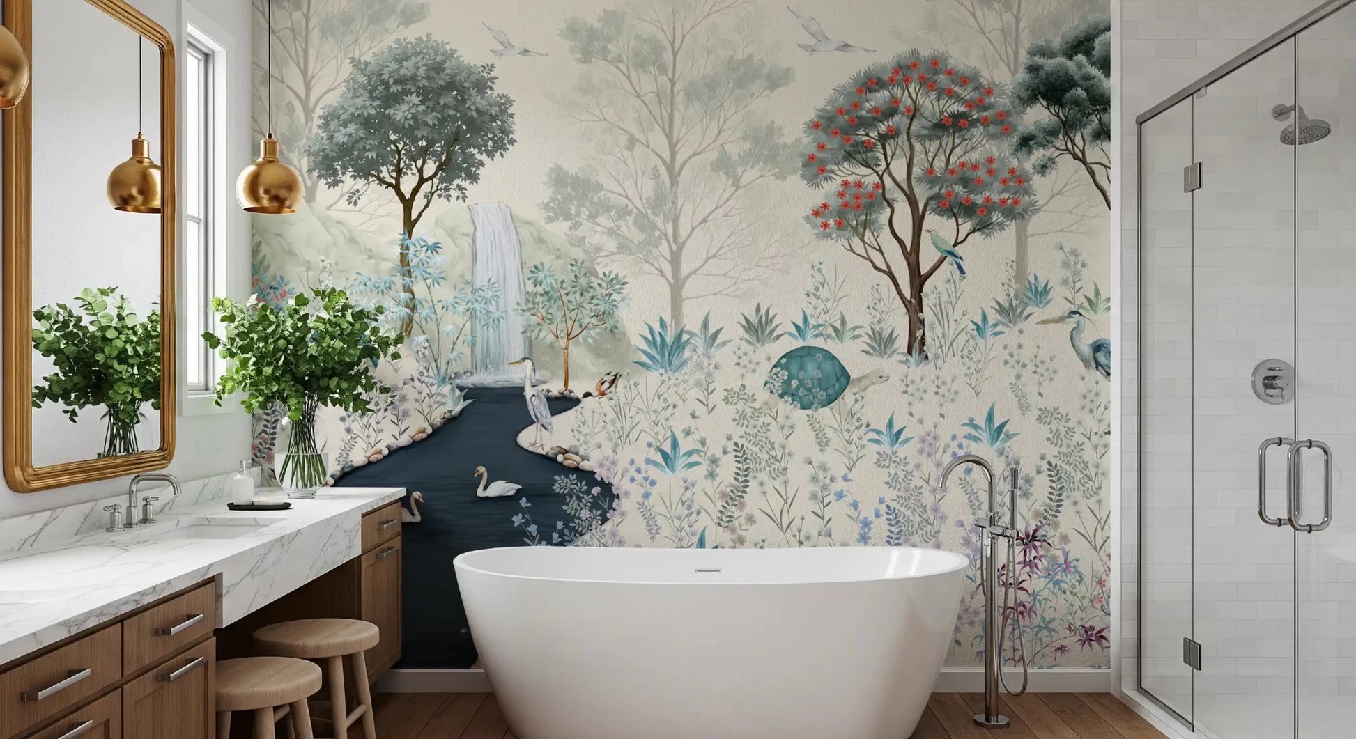 A bathroom framed with the scenic Serene Woodland Stream Wall Mural