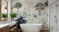 A bathroom framed with the scenic Serene Woodland Stream Wall Mural