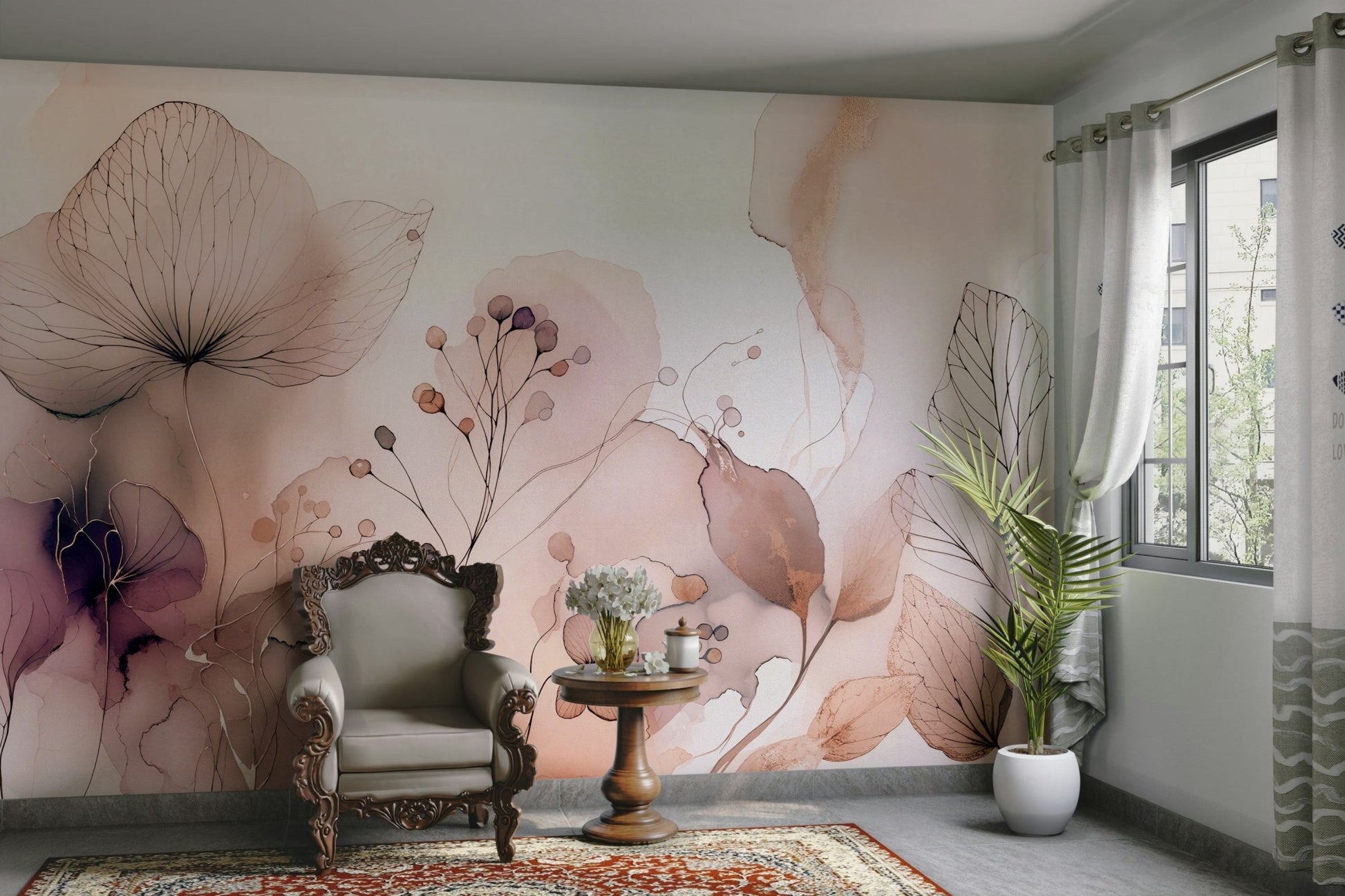 A full-wall mural showing a scene of soft, delicate blossoms.
