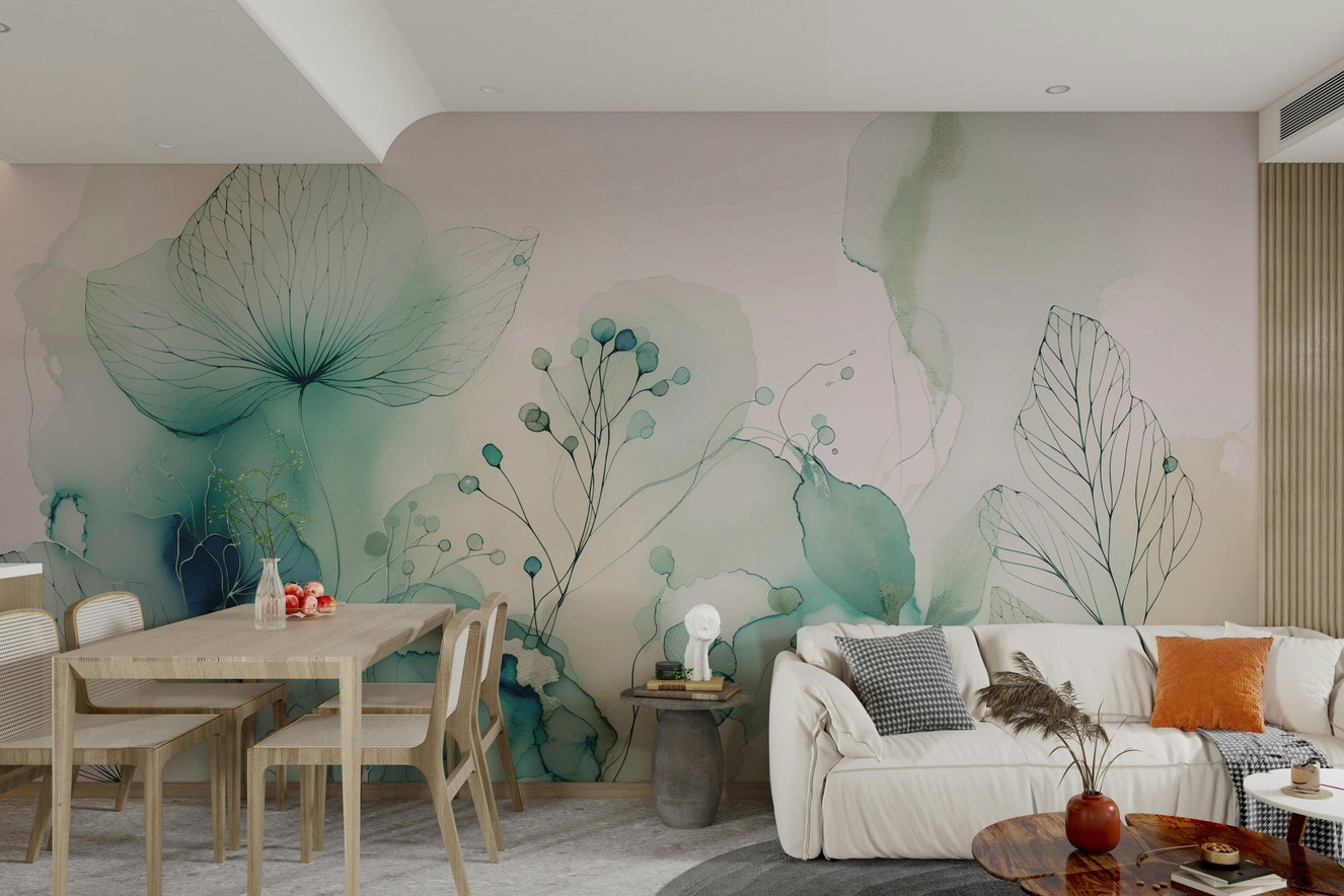 A full-wall mural showing a scene of soft, delicate blossoms.
