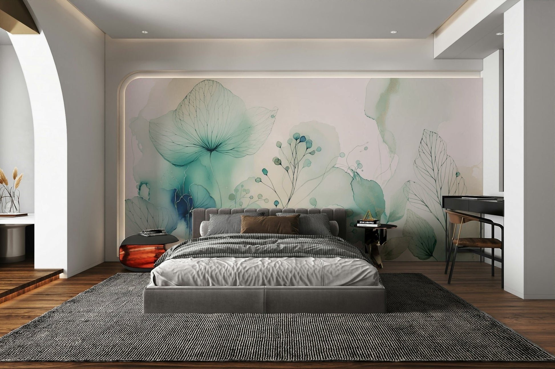 The colors are soft and muted, with shades of white, cream, and pale pink.

