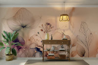 The colors are soft and muted, with shades of white, cream, and pale pink.
