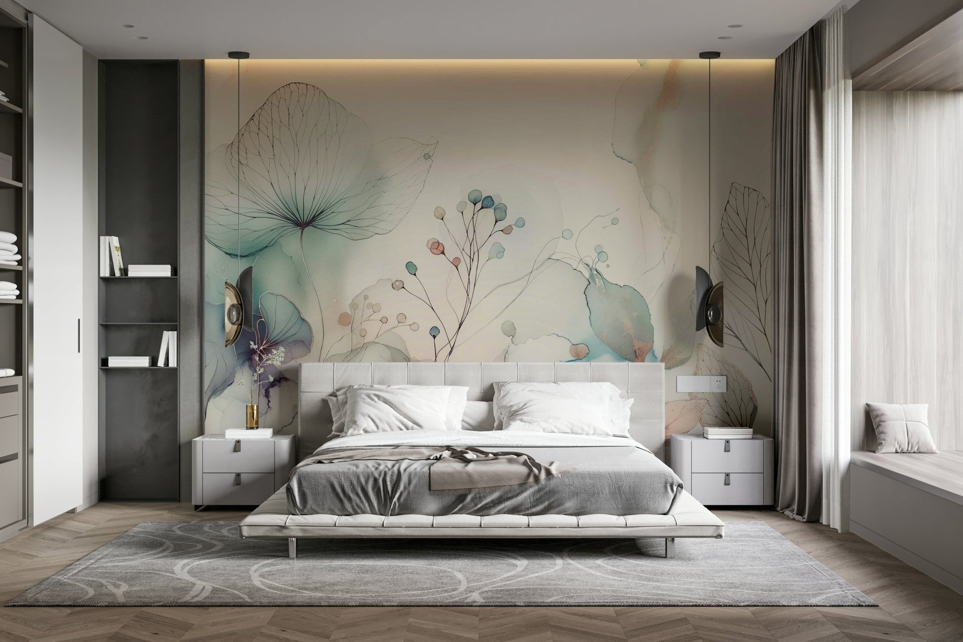 The colors are soft and muted, with shades of white, cream, and pale pink.
