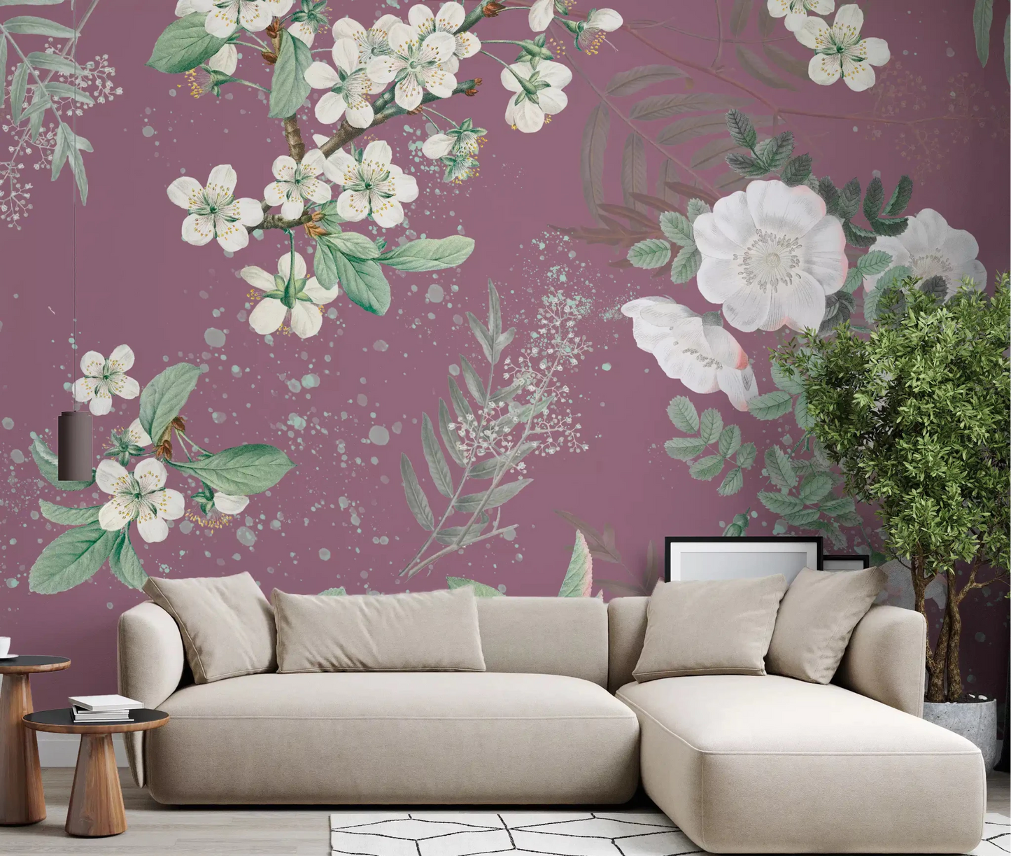 Living room styled with Serenity Garden Blooming wall mural in blush floral tones