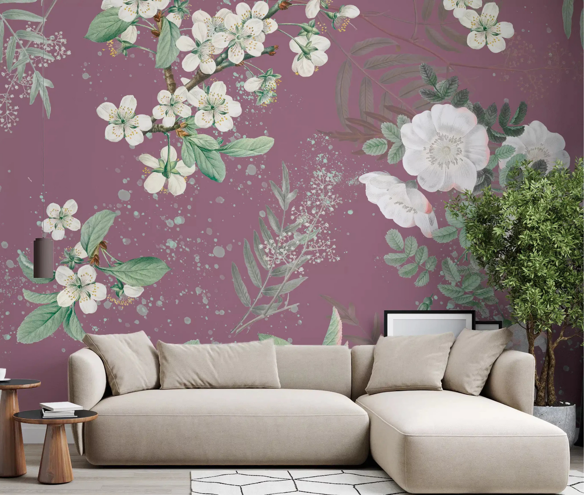 Living room styled with Serenity Garden Blooming wall mural in blush floral tones