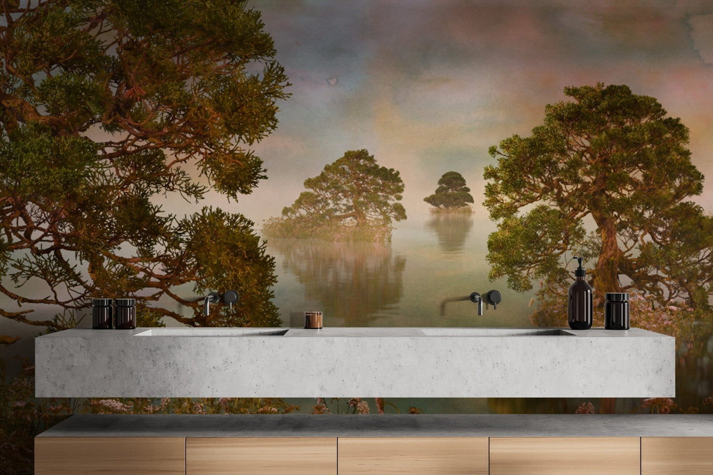 Watercolor Lake Sunset Forest Wallpaper Murals - Giffywalls DTIL22