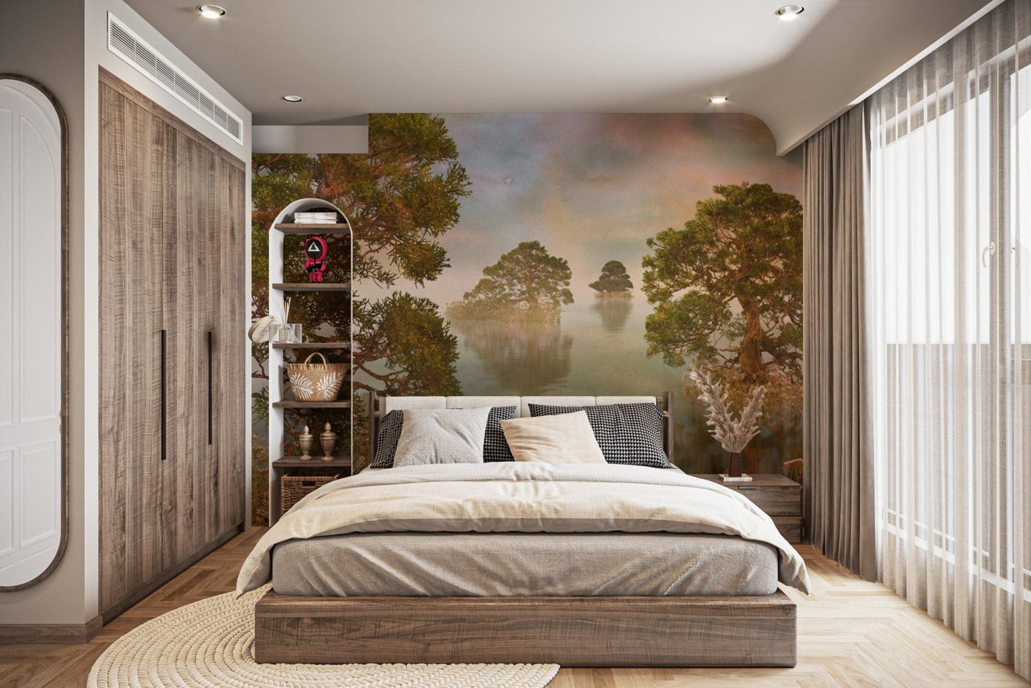 Watercolor lake sunset forest wallpaper for a warm, natural room decor. DTIL22