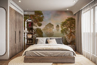 Watercolor lake sunset forest wallpaper for a warm, natural room decor. DTIL22