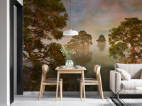 Transform your space with stunning watercolor lake sunset forest mural. DTIL22