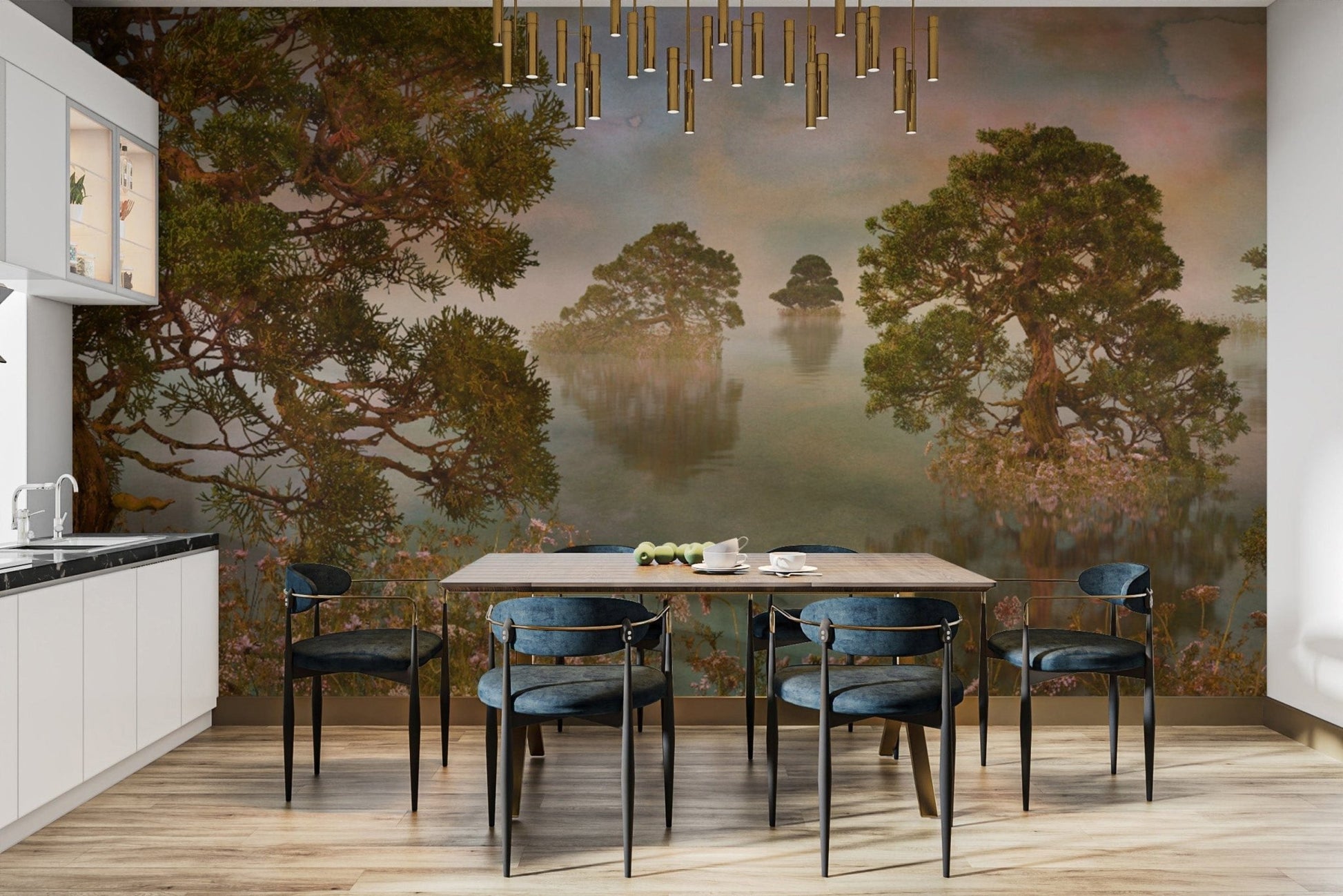 Watercolor lake sunset forest wallpaper mural for a vibrant, peaceful design. DTIL22