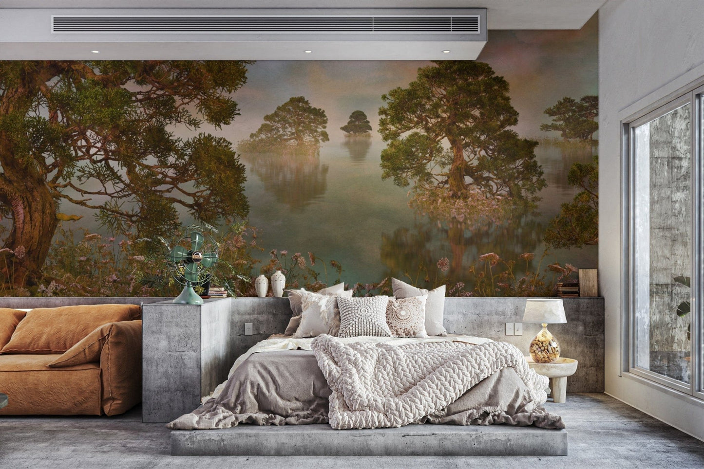 Add beauty and calm with watercolor lake sunset forest mural wallpaper. DTIL22