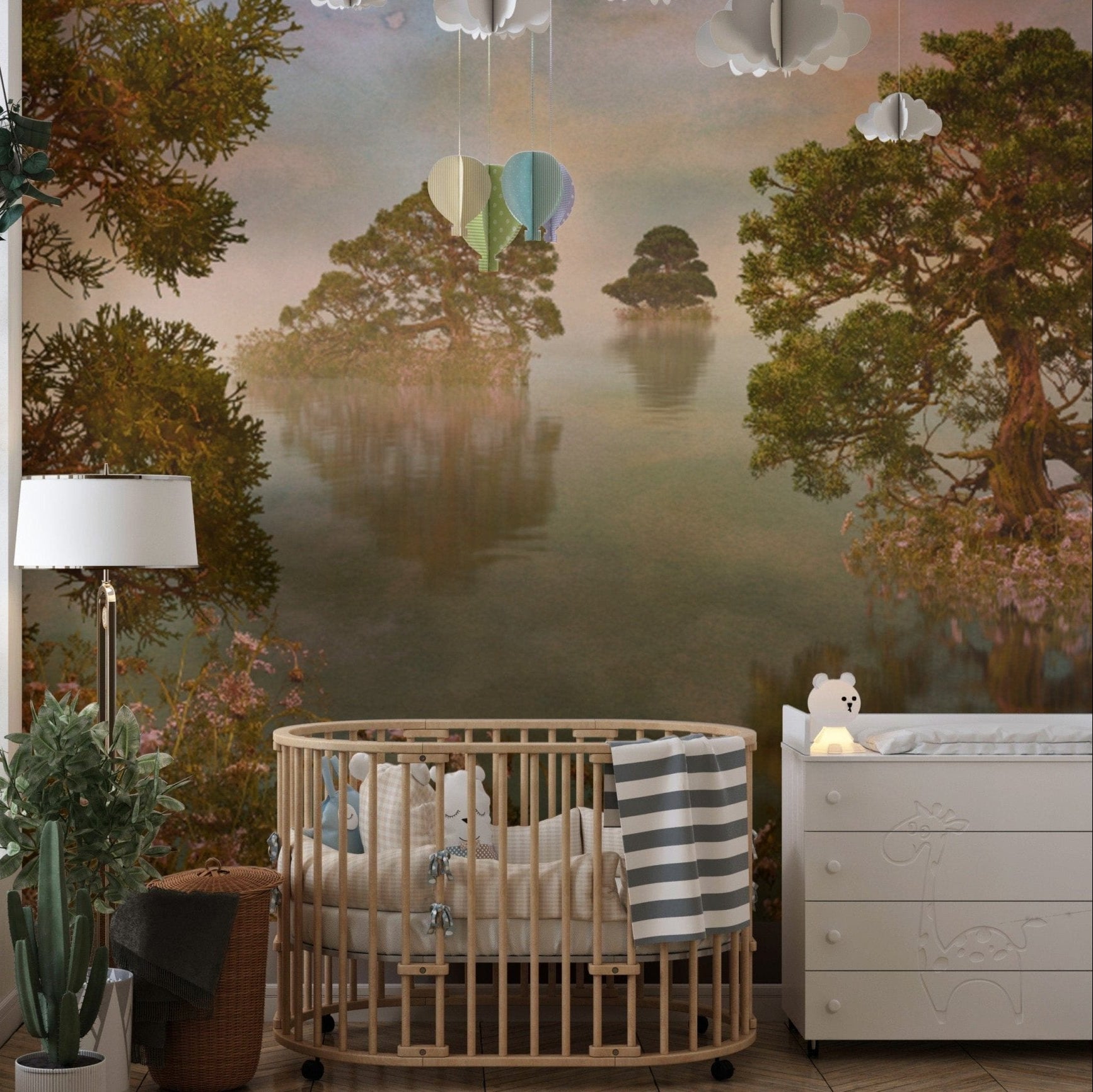 Beautiful watercolor lake sunset forest wallpaper for serene ambiance. DTIL22