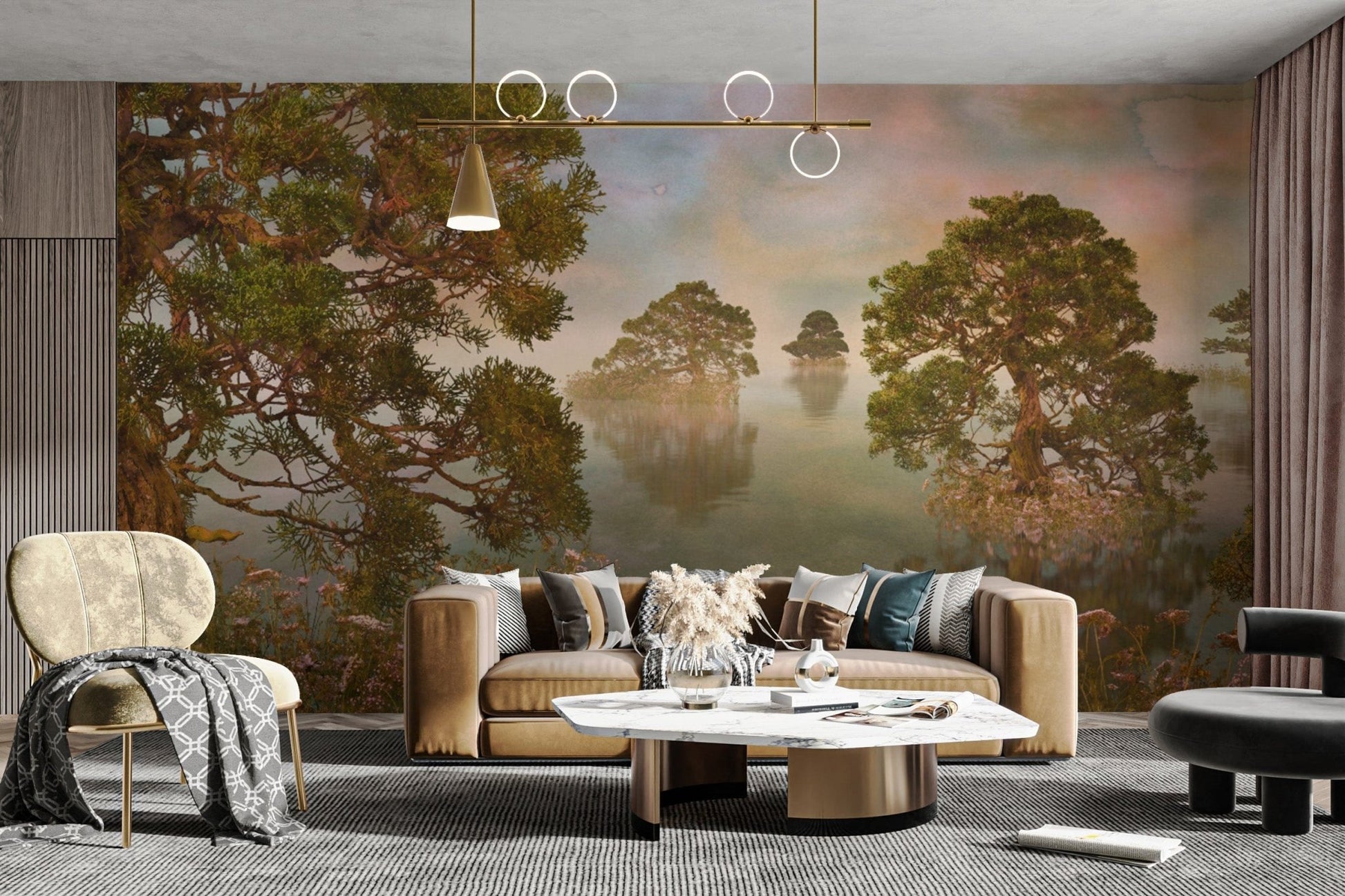 Watercolor lake sunset forest wallpaper mural for a peaceful retreat. DTIL22