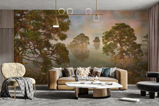 Watercolor lake sunset forest wallpaper mural for a peaceful retreat. DTIL22