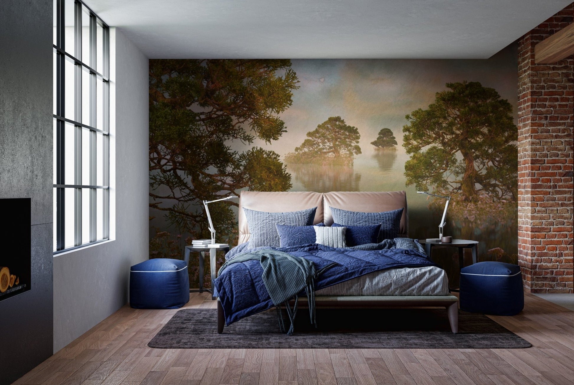 Add a tranquil touch with watercolor lake sunset forest wallpaper murals. DTIL22