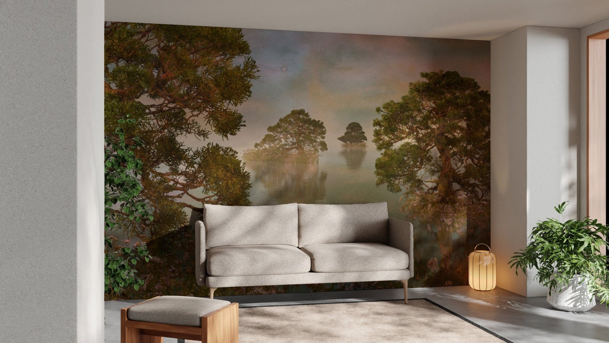 Watercolor Lake Sunset Forest Wallpaper Murals - Giffywalls DTIL22