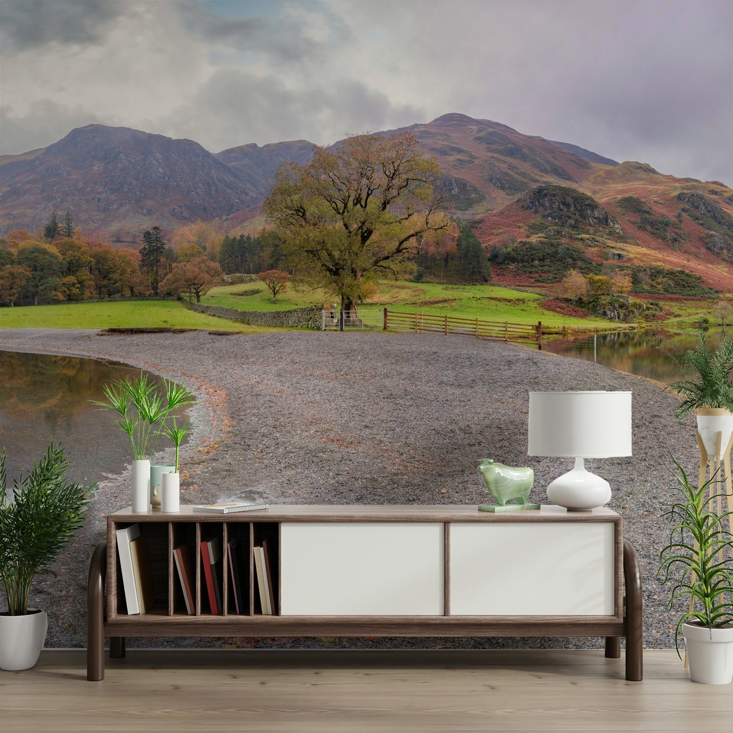 Water perfectly reflecting mountains and clouds.

