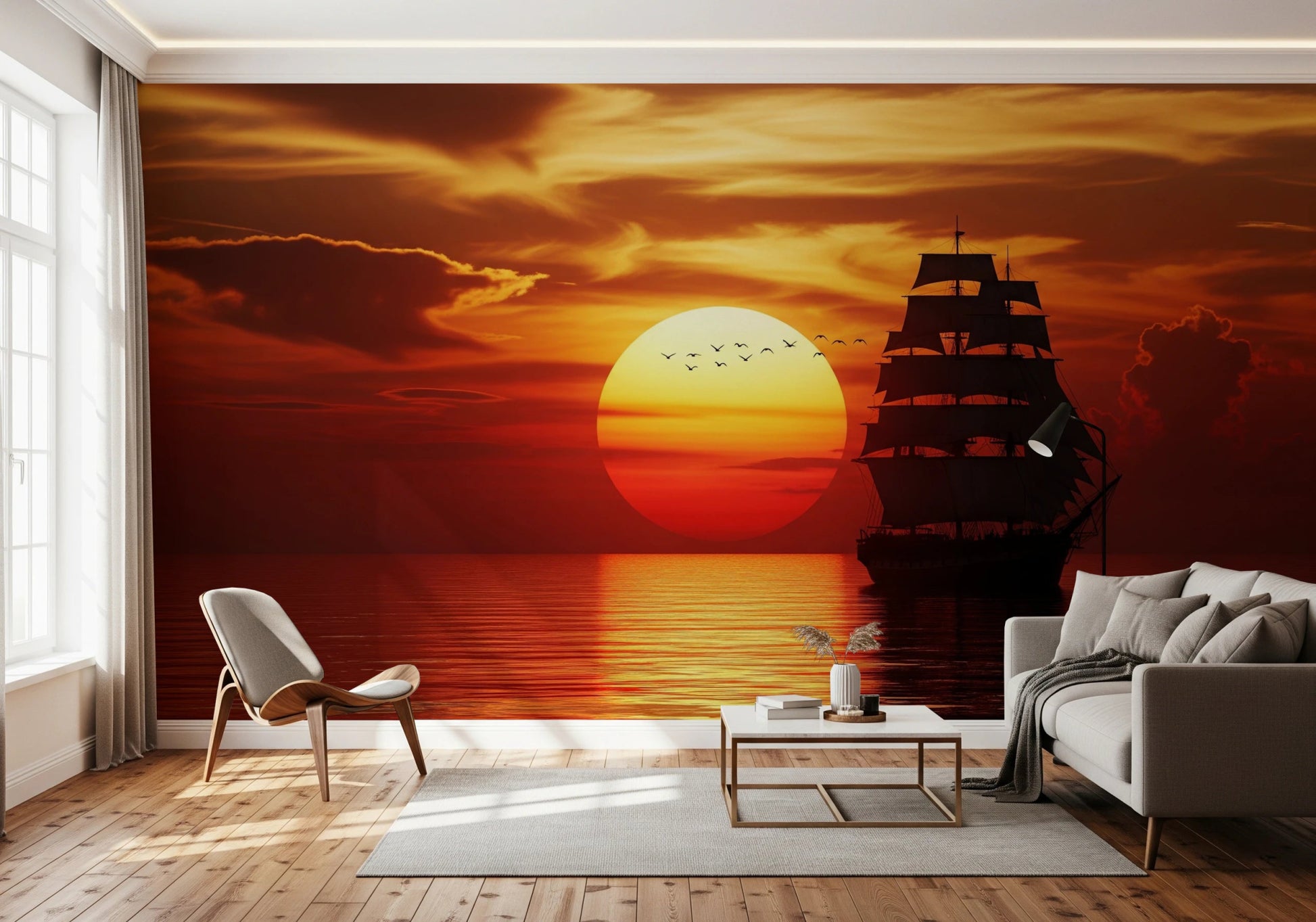 Ocean sunset wall mural with birds