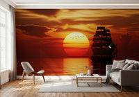 Ocean sunset wall mural with birds