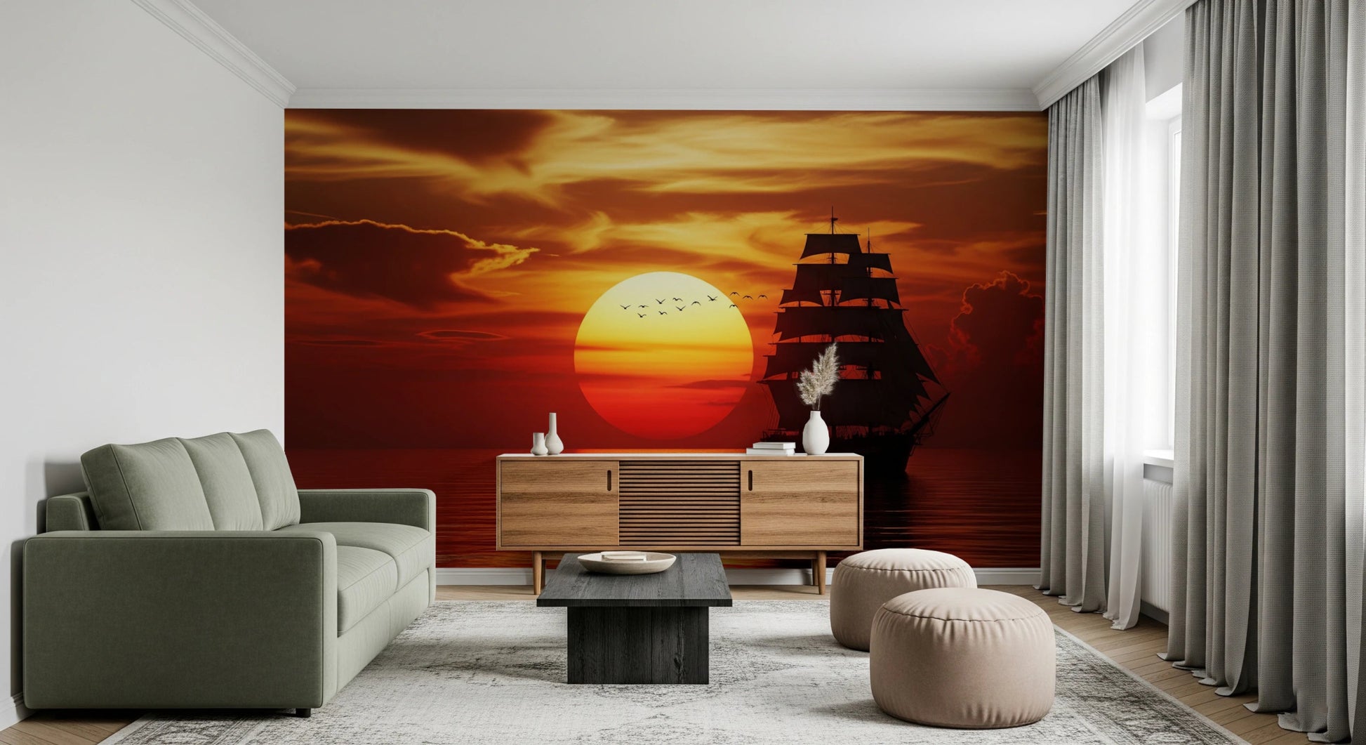 Evening sea wall mural with ship