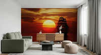 Evening sea wall mural with ship