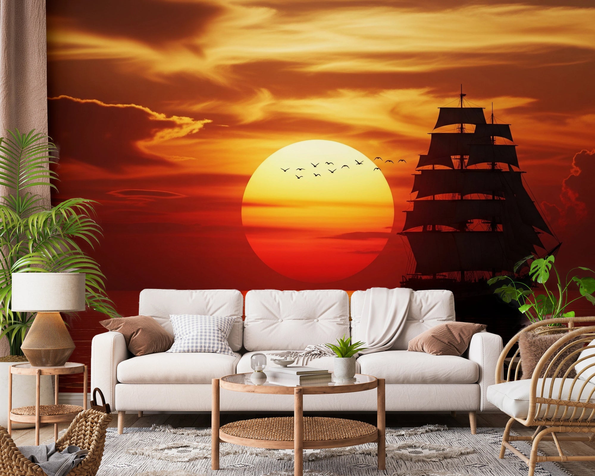 Sunset sail ship wall mural over calm water, GD8176