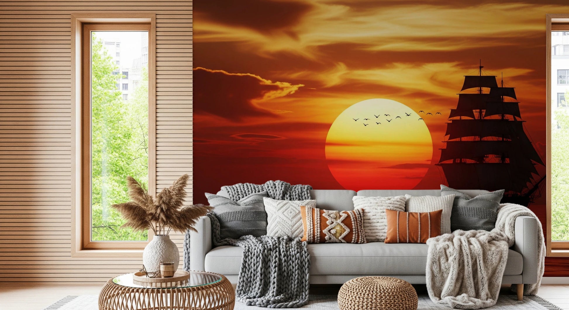 Ship silhouette wall mural with orange sky