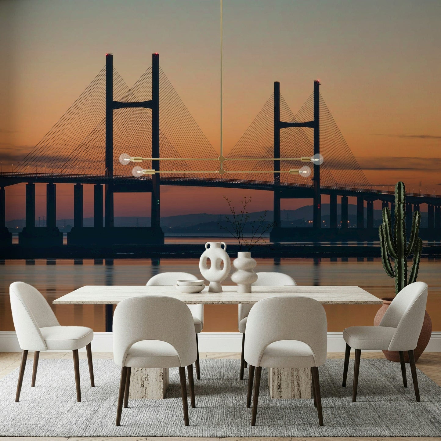 Engineering structure Severn Bridge at Dusk Wall Mural, unique wallpaper for walls design.