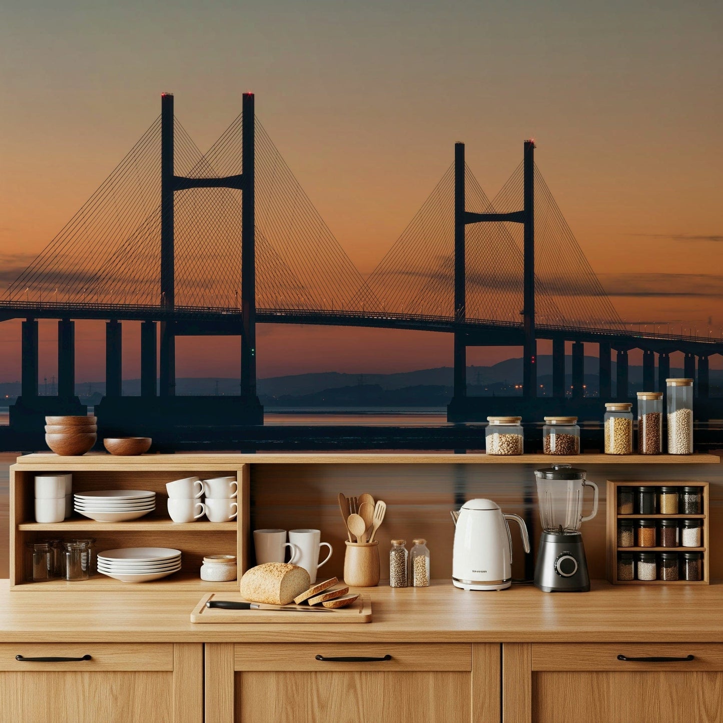 Architectural silhouette Severn Bridge at Dusk Wall Mural, gorgeous interior wall covering.