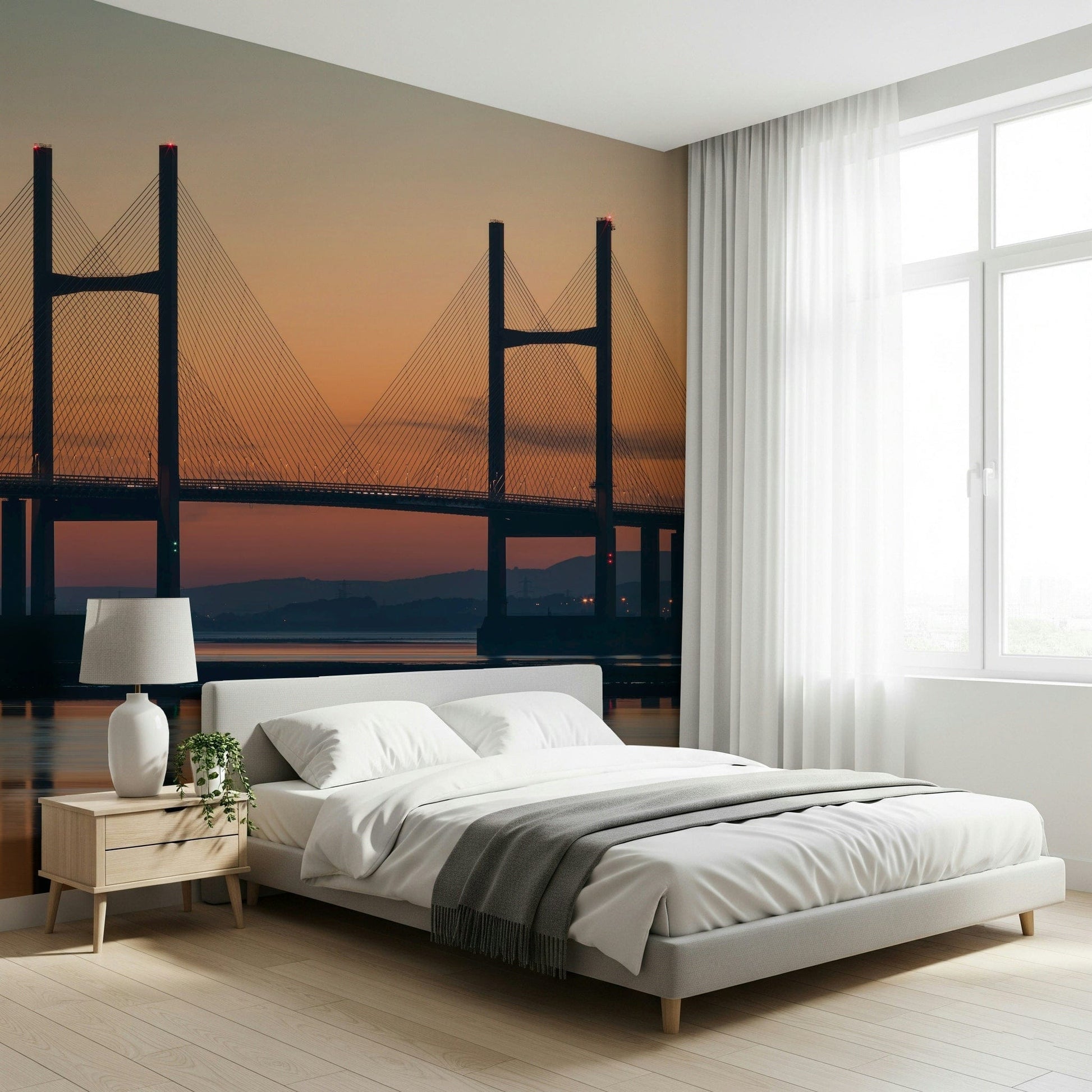 Quiet river scene Severn Bridge at Dusk Wall Mural, detailed peel and stick bridge art.