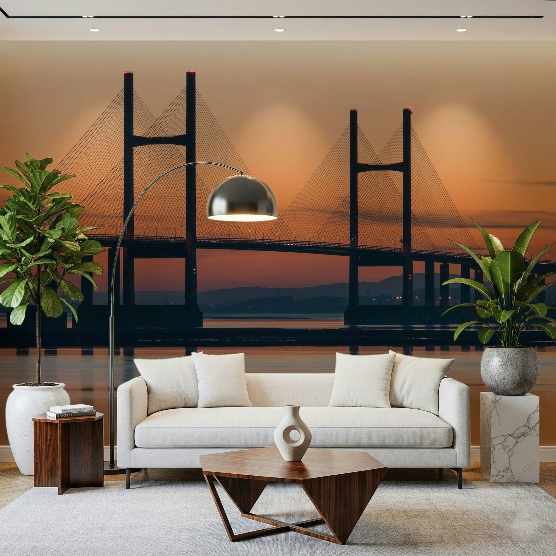 Sunset over the river Severn Bridge at Dusk Wall Mural, striking scenic accent wall.