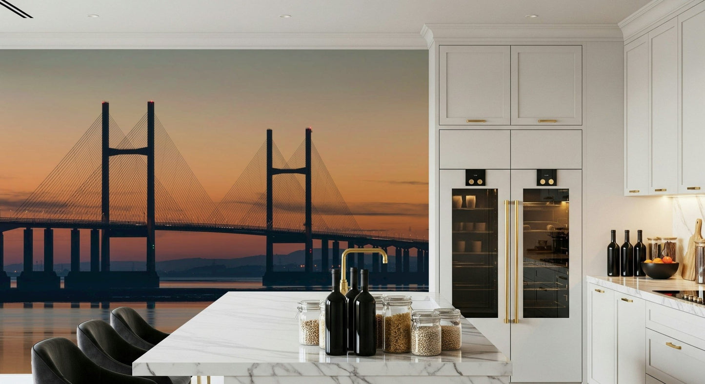 Glowing sky backdrop Severn Bridge at Dusk Wall Mural, premium quality travel wallpaper.