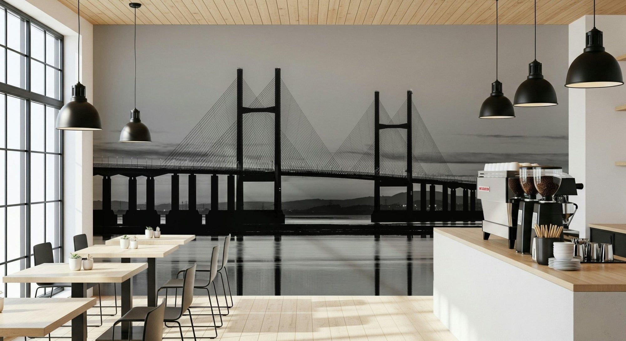 Modern flat interior featuring a scenic landmark bridge wallpaper wall mural., GD7726