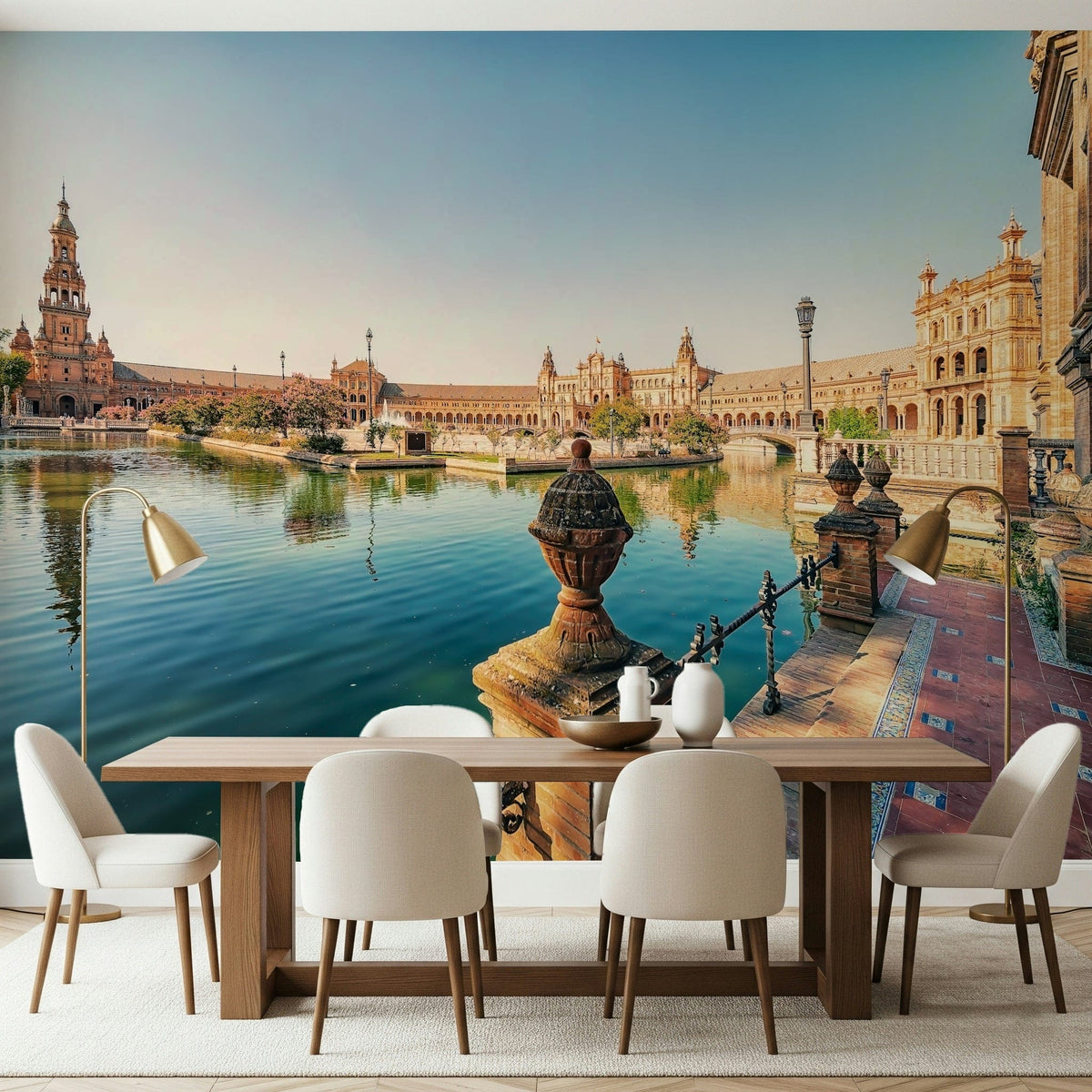 Seville Serenity wall mural showing a grand plaza beside a calm canal GD7389
