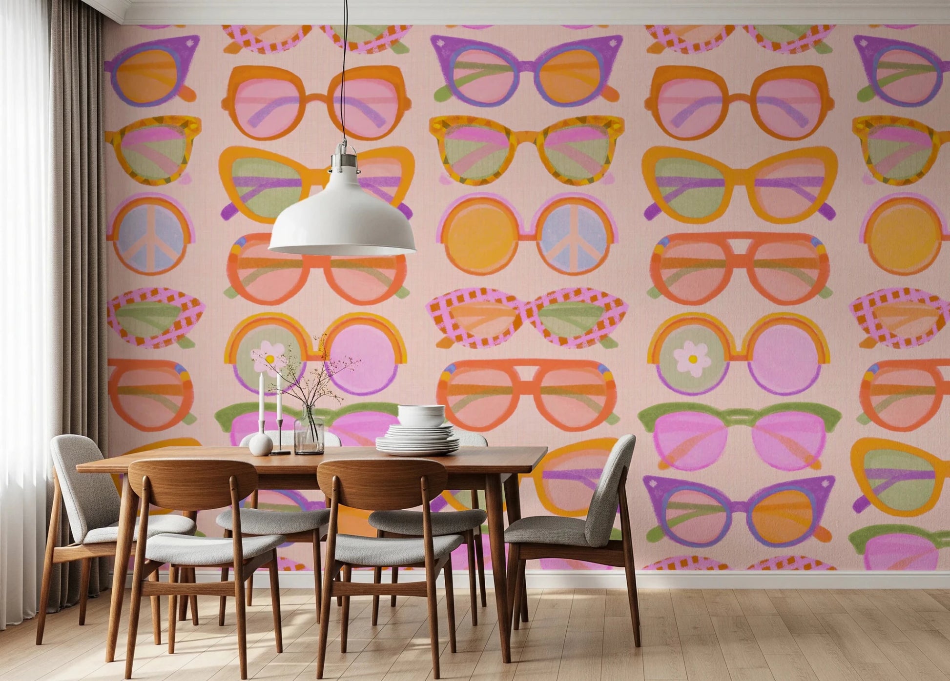 Dining corner with Shades of Cool Mid-Mod Summer wallpaper and geometric retro mood, GD8650