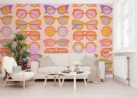 Cozy living room with Shades of Cool Mid-Mod Summer wallpaper and curved seating, GD8650