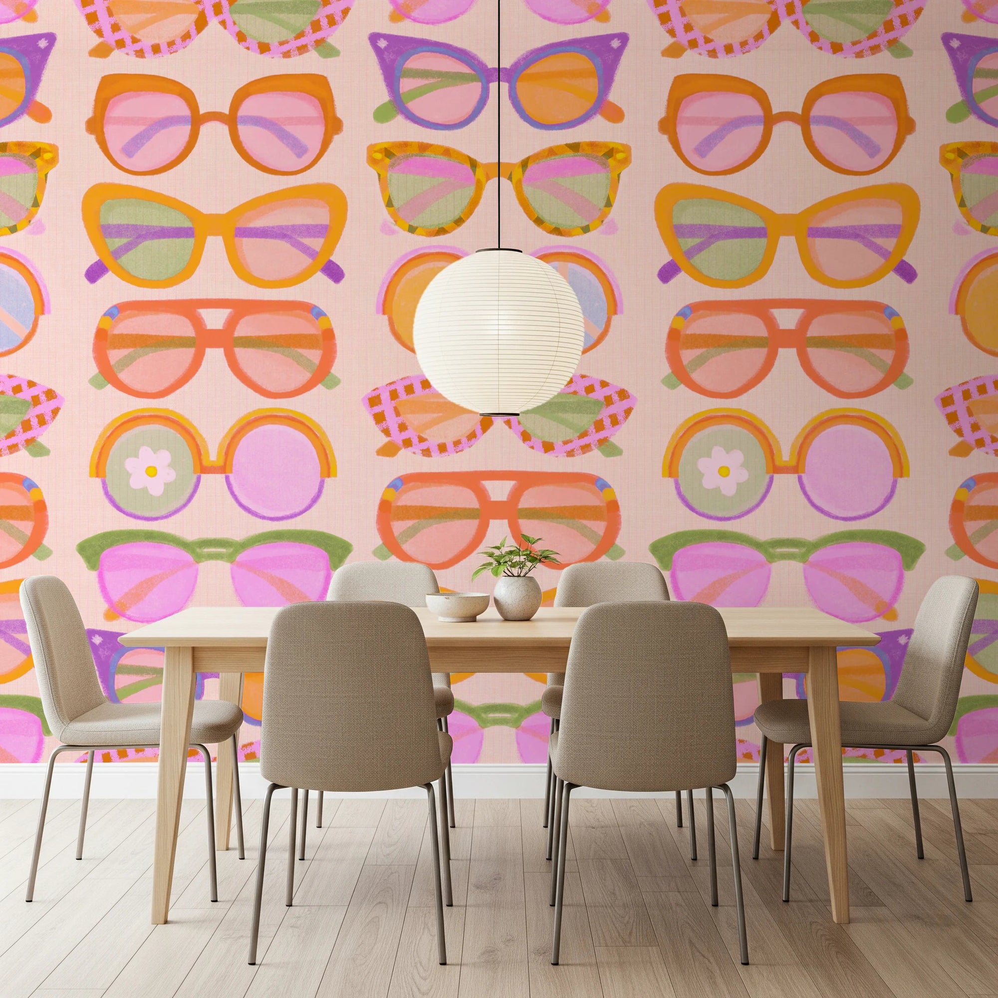 Dining room with Shades of Cool Mid-Mod Summer wallpaper and blush chair seating, GD8650