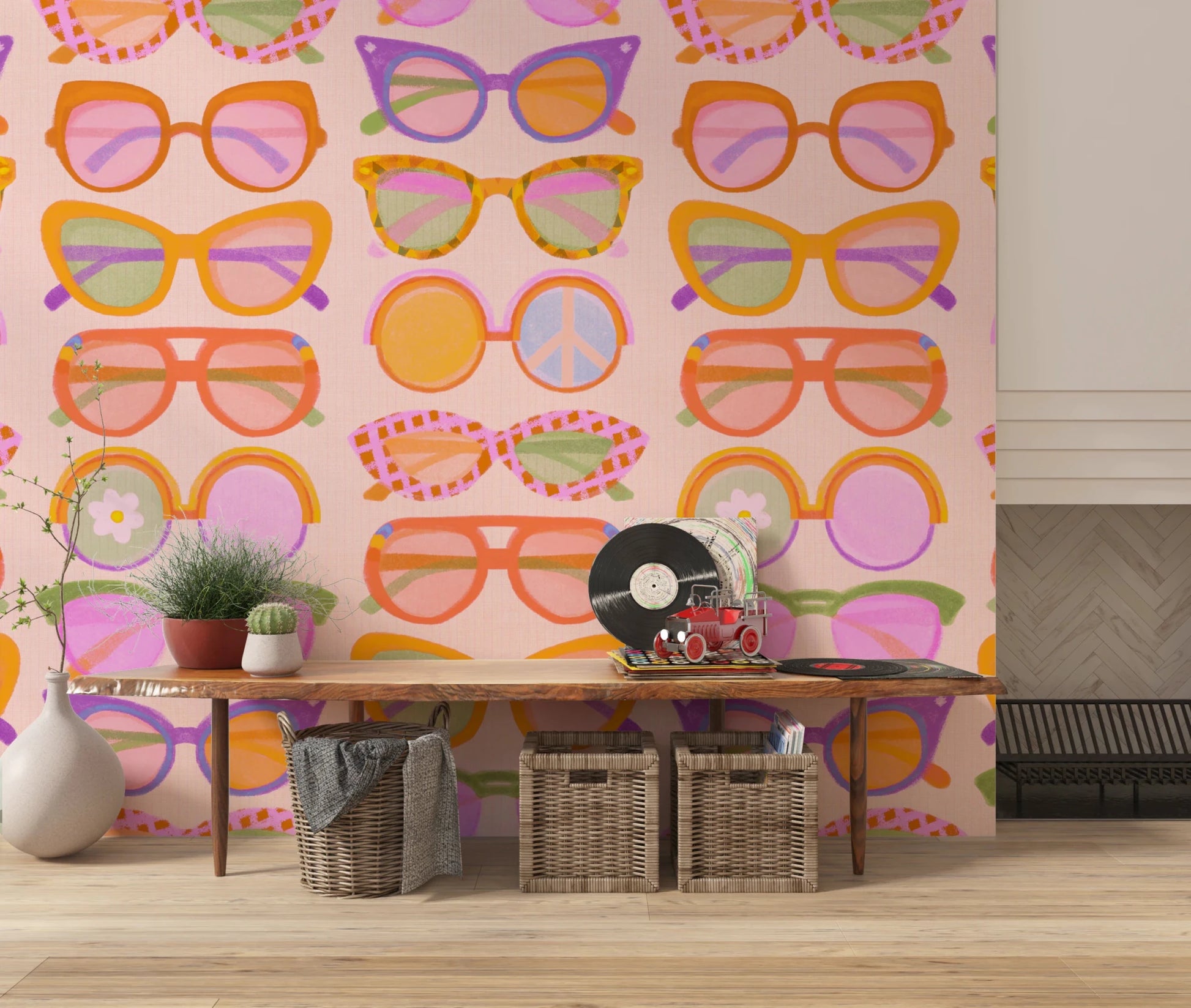 Console with Shades of Cool Mid-Mod Summer wallpaper and retro color accents, GD8650