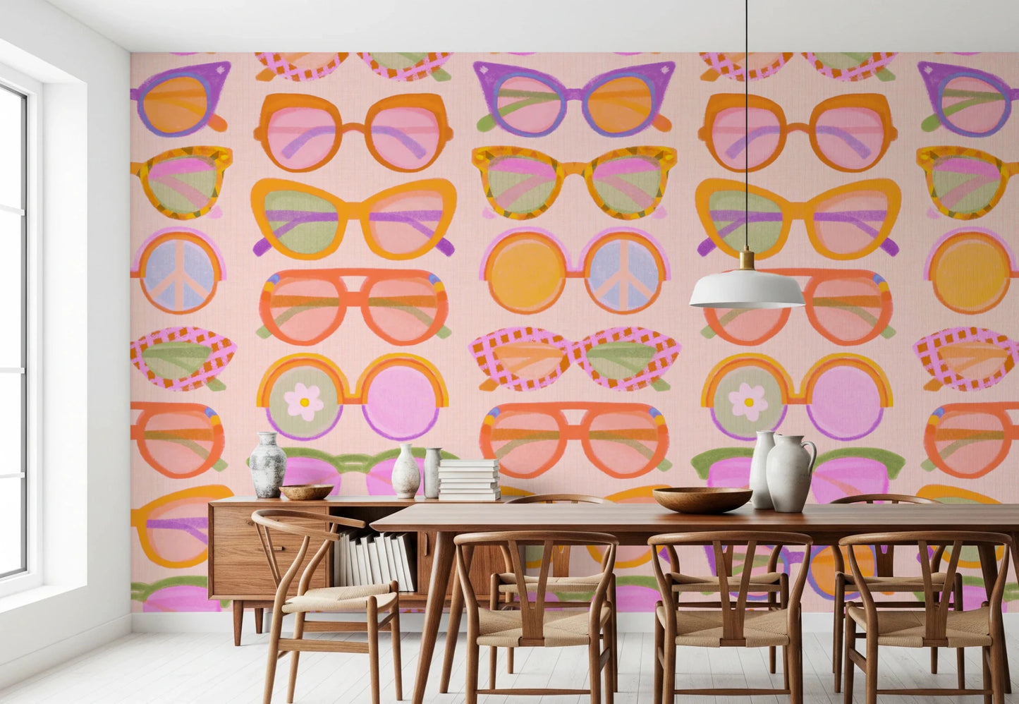 Dining area with Shades of Cool Mid-Mod Summer wallpaper and warm wood chairs, GD8650
