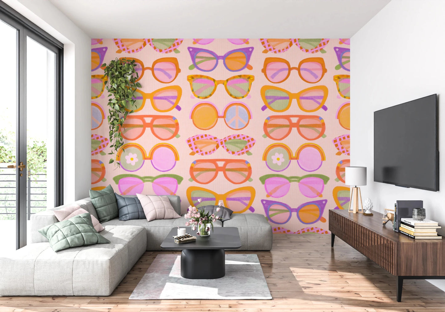 Modern lounge with Shades of Cool Mid-Mod Summer wallpaper and pale sofa setup, GD8650