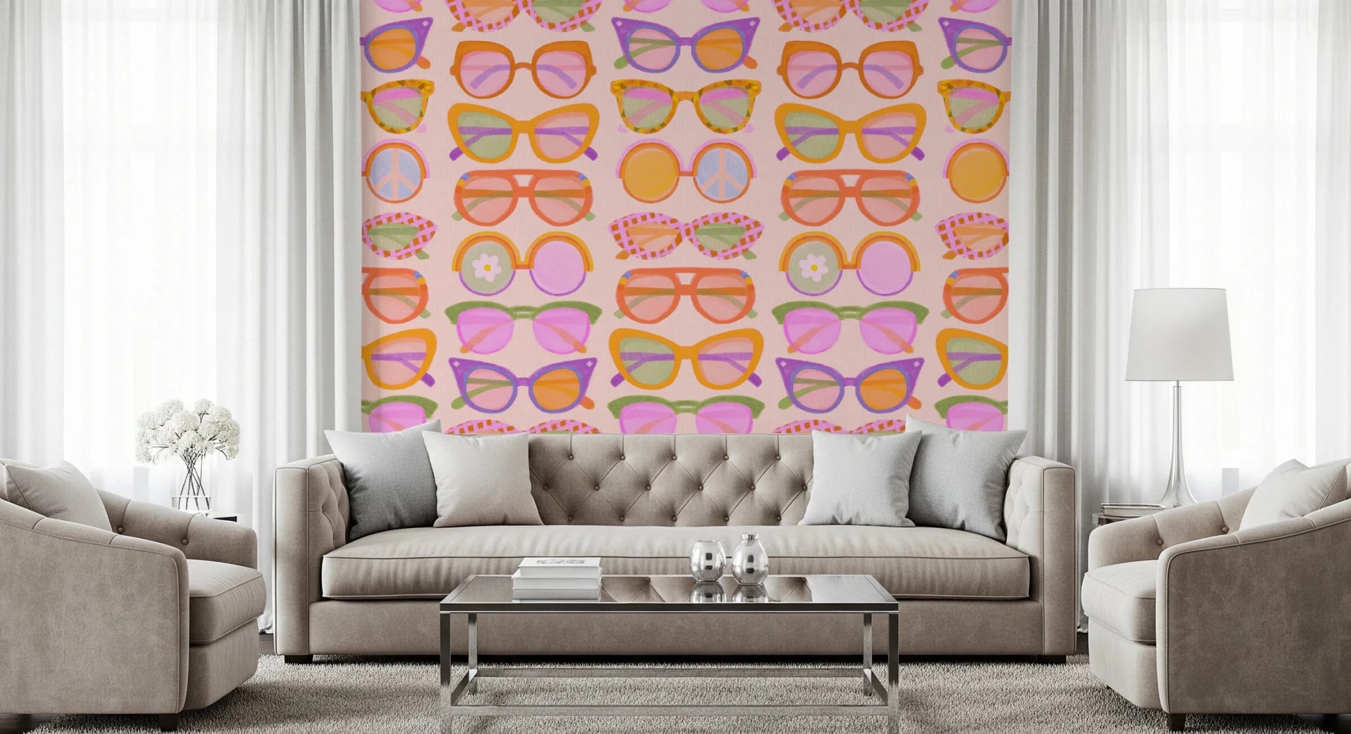 Living room with Shades of Cool Mid-Mod Summer wallpaper and soft neutral sofa, GD8650
