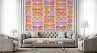 Living room with Shades of Cool Mid-Mod Summer wallpaper and soft neutral sofa, GD8650