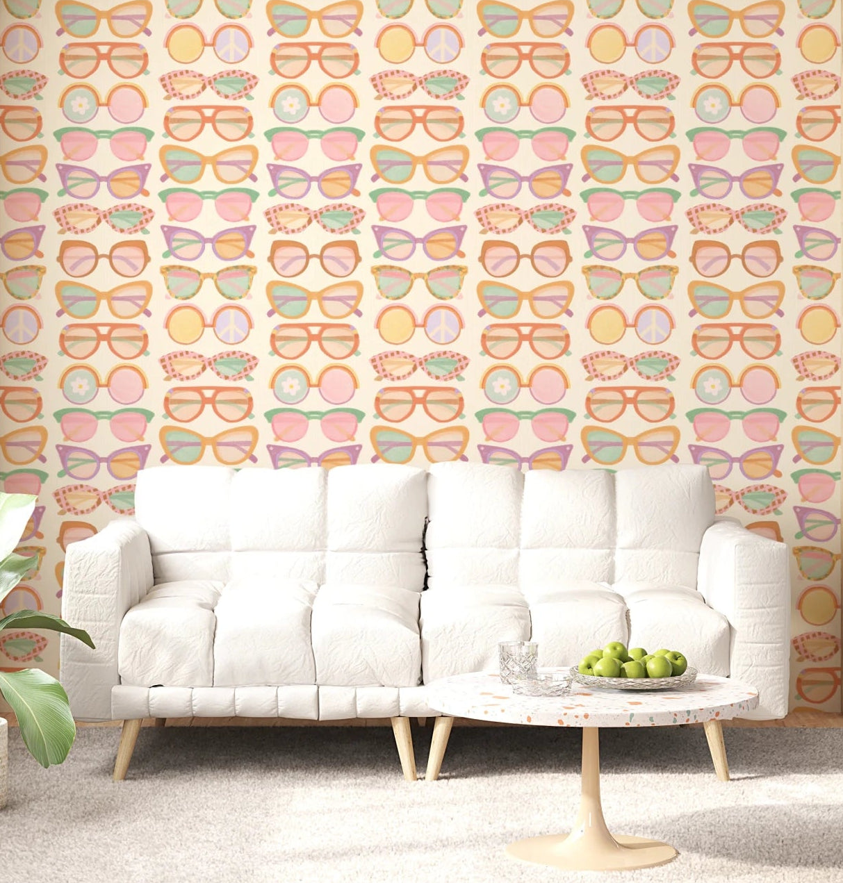 Living room with Shades of Cool Mid-Mod Summer Muted Tones Wallpaper and white sofa