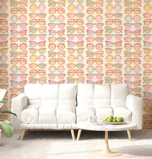 Living room with Shades of Cool Mid-Mod Summer Muted Tones Wallpaper and white sofa