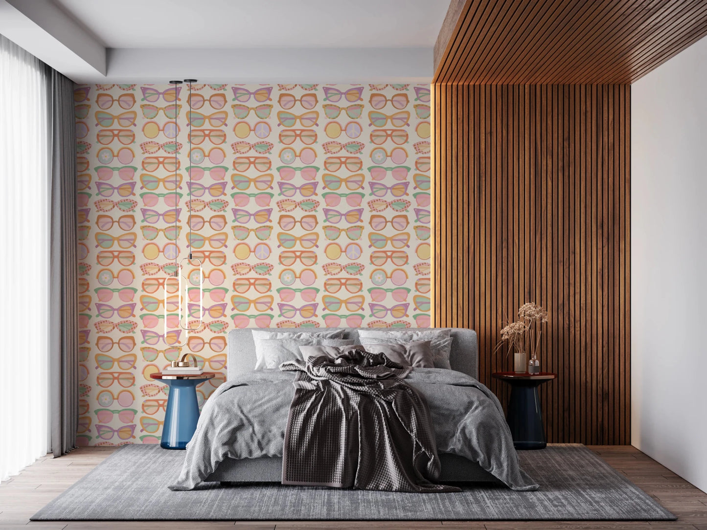 Cozy bedroom with Shades of Cool Mid-Mod Summer Muted Tones Wallpaper feature, GD8652